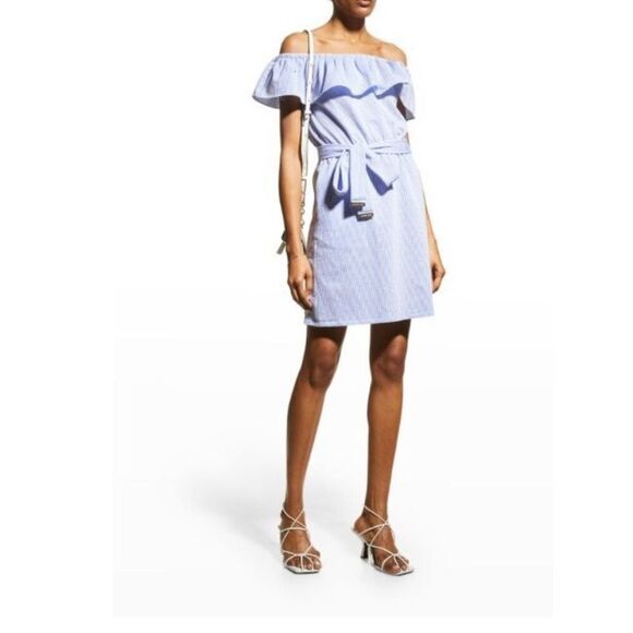 Michael Kors Ruffle-Neck Seersucker Dress with Pockets NWOT Large - Picture 1 of 7